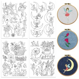 Peacoblue Water Soluble Embroidery Patterns for Beginners 4 Sheets with 33pcs Flower Fairy Patterns, Charming Flower Fairy Wash Away Embroidery Pattern Stabilizer for Hand Sewing Lover Women Adults