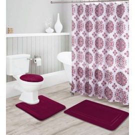 Bathroom Collection Burgundy 16pc Bathroom Accessory Set - Non-Slip Bath Mat, Non-Slip Contour Mat, Toilet Lid Cover and Waterproof Shower Curtain with Rustproof Metal Roller Hooks
