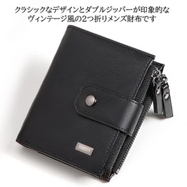 yumemono Wallet Bifold with 13 Card Pockets, 2 Coin Purses, Bill Pockets, Vintage Leather, RFID Double Zipper, Zippered Pocket, Black