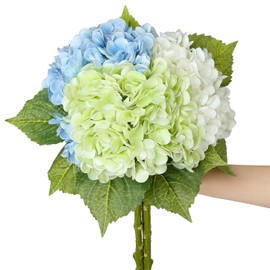SITUMEIZI Hydrangea Artificial Flower Faux Hydrangea Flowers 21 Inch Latex Fake Hydrangeas 3Pc White Green Blue