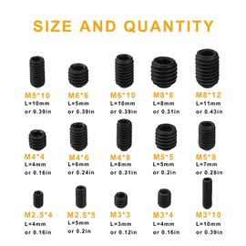 QIMEI-SHOP Grub Screws Assortment M2.5 M3 M4 M5 M6 M8 Screws Grub Screw Set Alloy Carbon Steel with Allen Key Black 300 Pieces