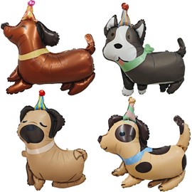4 Pcs Dog Theme Foil Balloons Cartoon Animals, Walking Pet Dog, 3D Husky Sausage Dog Pug Spotted Dog Suitable for Pet Theme Birthday Party Decoration (4 Dogs)