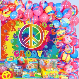 JOYMEMO 60s Hippie Theme Party Decorations, 1960s Groovy Photo Background, Tie Dye Balloons Garland Bow Kit for Retro 60s, Woodstock Party Decor Background