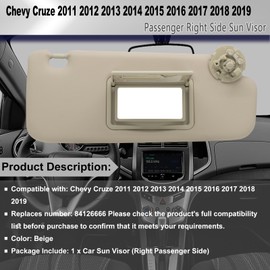 CRAZYPARTS Passenger Right Sun Visor Compatible with Chevy Cruze 2011-2019 Replaces# 84126666 Color: Beige