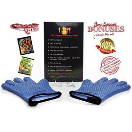 KITCHEN PERFECTION Silicone Smoker Oven Gloves -Extreme Heat Resistant BBQ Gloves -Handle Hot Food Right on Your Smoker Grill Fryer Pit|Waterproof Oven Mitts Grill Gloves |Superior Value Set+3 Bonuses