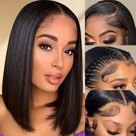 RMOARIWR Bob Wig Human Hair 180% Density 13x4 HD Transparent Lace Front Wigs Human Hair Pre Plucked Short Bob Glueless Straight Wigs Human Hair for Women Natural Black 16 Inch