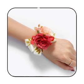 Yean Rose Wedding Wrist Corsage Bridal Hand Flower Pearl Wristlet Band Bracelet Bridesmaid Floral Corsage Accessories for Women(Red)