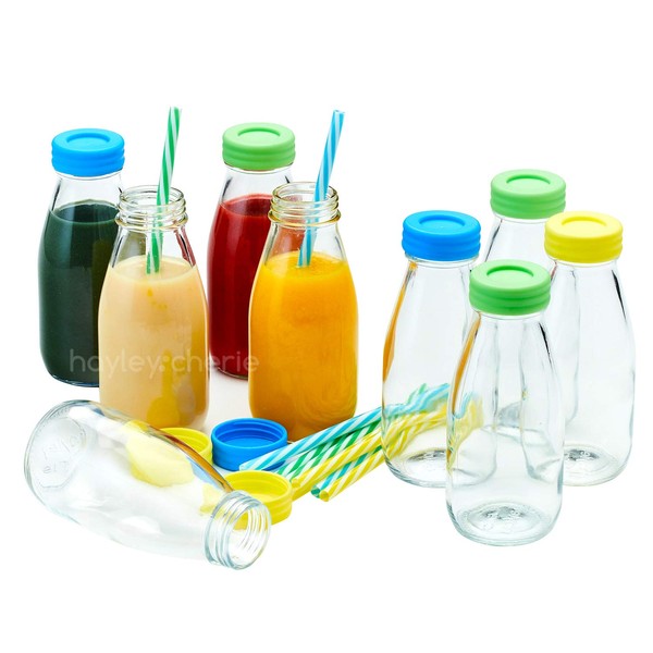 Hayley Cherie - 10oz Glass Milk Bottles with Colorful Leak Proof Lids & Reusable Straws (Set of 9) Vintage Style For Smoothies, Juicing, Kids Drinks, Breakfast