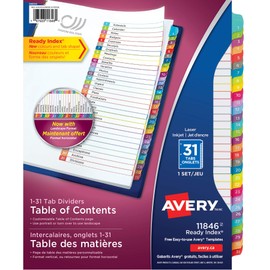 AVERY Ready Index Customizable Table of Contents Dividers for Laser and Inkjet Printers, Multi-Colour, 1-31 Tab, 1 Set (11846)