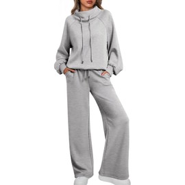AUTOMET Lounge Sets for Women Sweatsuits 2 Piece Outfits 2025 Fall Drawstring Sweatshirt Wide Leg Sweatpants Tracksuit Grey M