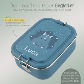 wunderwunsch TRIXIE Lunchbox Edelstahl Tier personalisiert, individualisiert mit deinem Wunschnamen, für Schule, Kindergarten als Geschenk für Kinder zur Einschulung (Triceratops, groß)