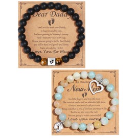 MOZAKA 2Pcs New Mom & Dad Gifts Healing Natural Stone Bracelets for Women Men, First Time Mom & Dad Essentials, Mother's Day Pregnancy Gifts for Expectant Moms