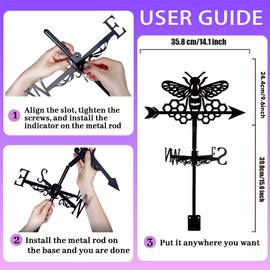 beinkmake Bee Weathervane Metal Wind Vane Honeycomb Hive Garden Decoration Direction Sign Indicator Stake Mount Ornament for Farmhouse Yard Roof Outdoor