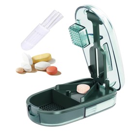 Clear Pill Cutter & Crusher – Precision Tablet Splitter with Safety Blade Guard, Pill Storage and Built-in Cleaning Brush – for Small and Large Pills, Travel Ready (Transparent Green)