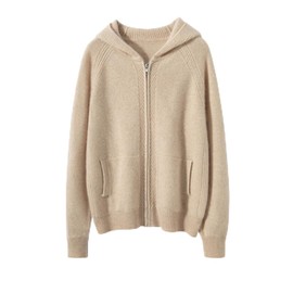 SHABADUER Women's Cashmere and Wool Blend Casual Knit Long Sleeve Thickening Type Hoodie Sweater (US, Alpha, Medium, Regular, Regular, Light Beige)