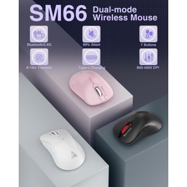 SOLAKAKA SM66 Pink Silent Dual Mode 2.4GHz Wireless Mouse, Adjustable 4200 DPI,Rechargeable Wireless Computer Mouse for PC Mac Laptop, Desktop