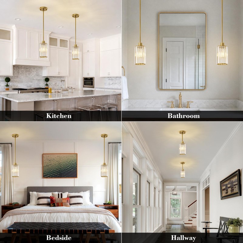 HONIEGG 5.1" Mini Modern Gold Crystal Kitchen Island Pendant Lights