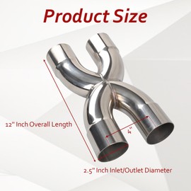 BIGREAT Exhaust Tip X Pipe 2.5'' Inch Inlet/Outlet Diameter, 12'' Inch Overall Length,Muffler Tip, Crossover X Pipe Polished Stainless Steel Weld On