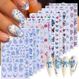 Tropical Nail Art Stickers Decals 14 PCS 3D Blue Flower Jellyfish Nail Art Designs Hibiscus Butterfly Geometry Stickers Colorful Charms Nails Supplies Self Adhesive Summer Manicure Decor