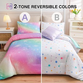 A Nice Night 6Pcs Gradient Glitter Bedding Set for Girls Twin Size, Colorful Rainbow Galaxy Comforter Set, Ultra Soft Bedding Sets, Pink