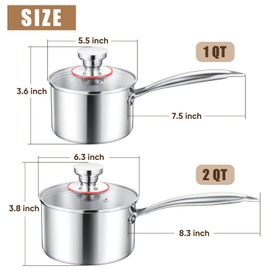 E-far Stainless Steel Saucepan Set - 1Qt & 2 Qt, Triply Sauce Pan Pot with Lid for Cooking Pasta Warming Milk Boiling Water, Small Metal Cookware for Kitchen, Induction Ready & Heavy Duty