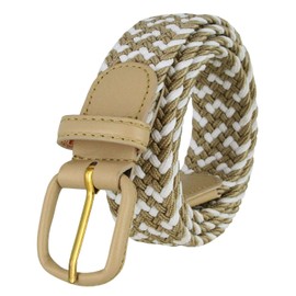 Belts.com Leather Covered Buckle Woven Elastic Stretch Belt, Beige/white, (5XL(56"-60")