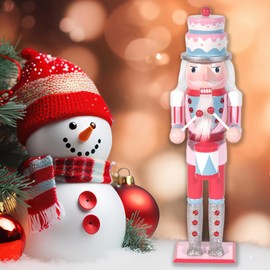 LULU Deer Christmas Nutcracker Ornament ，14inch King Soldier Nutcracker Suitable for Table, Fireplace Decoration Christmas Party Supplies (Pink Drumming)