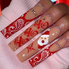 IMSOHOT Christmas Press on Nails Square Long Matte Fake Nails Red French Tips False Nails with Santa Claus Designs Glue on Nails Full Cover Nude Acrylic Nails for Women 24Pcs