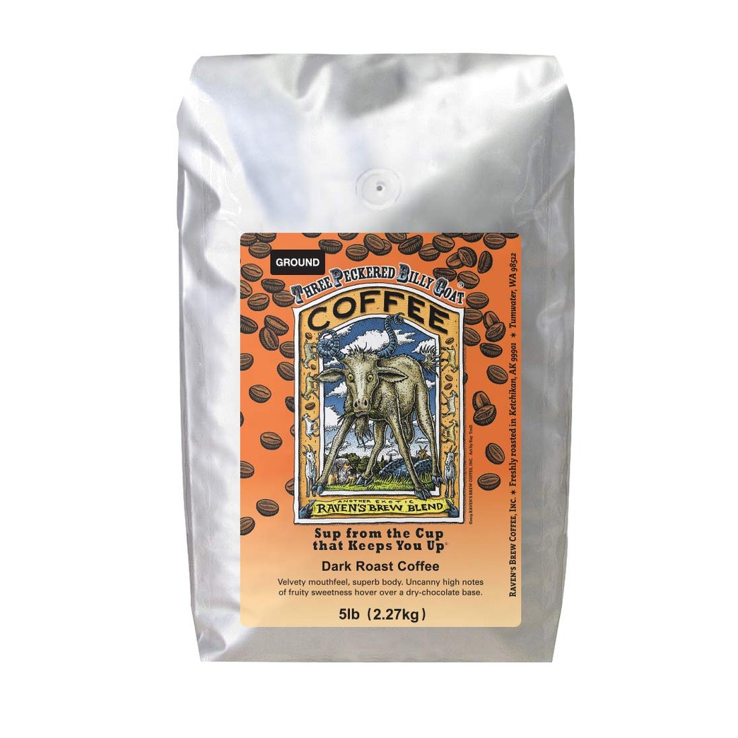 Raven’s Brew Coffee Ground Three Peckered Billy Goat – Dark Roast – Breakfast Coffee Bliss with an Instant Caffeine Supercharge – Delicious as Espresso – 5lb Bag