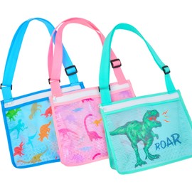 PASHOP Kids Beach Bag, 3 Pack Seashell Bags for Kids, Beach Toys Mesh Beach Bag for Holding Shells Swimming Accessories for Girls Boys (3PCS/Dinosaurs)