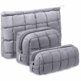 Huhumy 3 Pcs Puffy Makeup Bag Quilted Makeup Bag Cute Checkered Cosmetic Bag for Women Travel Toiletry Bag Puffer Makeup Pouch Puffy Purse Pouch Preppy Makeup Organizer Pencil Case with Zipper(Gray)