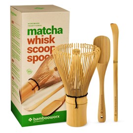 BambooWorx Matcha Whisk Set - (Chasen), Traditional Scoop (Chashaku), Tea Spoon. The Perfect Sets to Prepare a Traditional Cup of Japanese Tea, Handmade from 100% Natural Bamboo