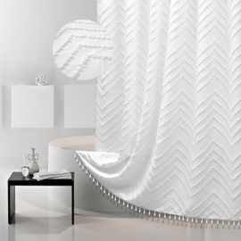 Siiluminisoy Extra Long White Boho Chevron Shower Curtain with Tassel, Woven Fabric Shower Curtain, Tufted Striped, 96" L x 72" W, Modern Chic Textured Minimalist Bathroom Decor Shower Curtain
