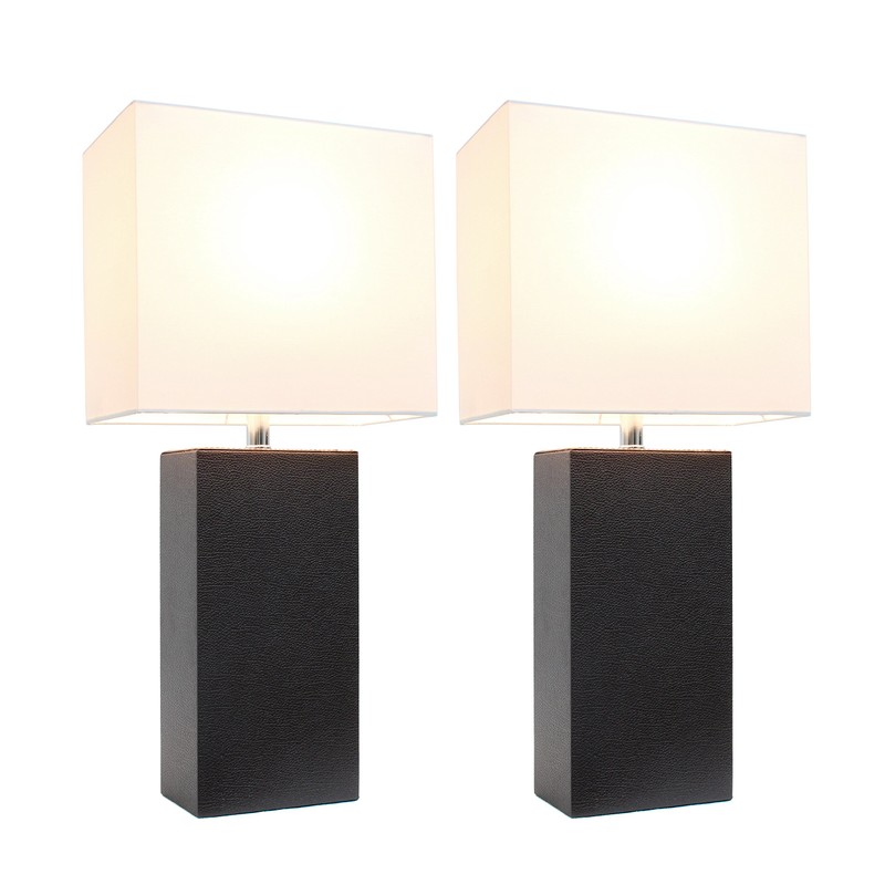 Elegant Designs LC2000-BWN-2PK Modern Leather Table Lamps with White Fabric