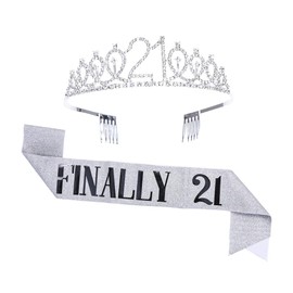 21st Birthday Tiara and Sash Set - Finally 21 Silver Sash Crystal Crown Birthday Gift for Girls 21st Birthday Party Supplies