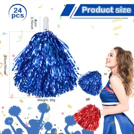DILIBRA 24 Pcs Metallic Cheerleading Pom Poms, Cheerleaders Cheer Pom Poms with Baton Handle, Cheering Squad Hand Flower for Adults Team Spirit Sports Game Dancing Party (Blue+Red)