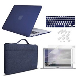 iCasso Case Compatible with MacBook Air 13 inch Case 2010-2017 Release Model A1369/A1466 Bundle Set, Plastic Hard Case Shell, Sleeve Bag, Screen Protector, Keyboard Cover and Dust Plug - Navy Blue
