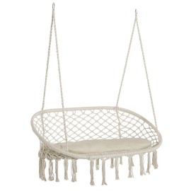 Unbranded 2-Person Double Macrame Hammock Swing Chair with Cushion for Indoor Outdoor
