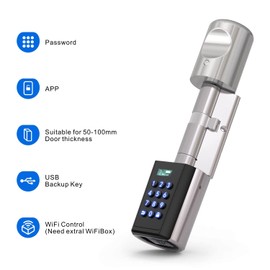 RUILON Elektronisches Türschloss,Elektronischer Tür-Schließzylinder mit Passwort,Türschloss mit Bluetooth & App,Zylinderlänge 50-100mm Einstellbar,elektronisches türschloss haustür Silber