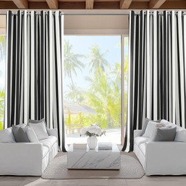 HPD Half Price Drapes Villanova Striped Grommet Outdoor Curtains for Patio (1 Panel)- UV & Water Resistant Light Filtering 200 GSM Polyester Outdoor Curtains - 50W x 84L, Nautical Black Stripe