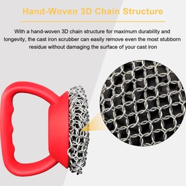 Cast Iron Scrubber with Handle Chain Mail Cast Iron Cleaner Scrubber 316L Cast Iron Chainmail Scrubber for Cast Iron Pans, Cast Iron Skillets, Ergonomic Handle & Large Panel for Cleaning Cast Iron