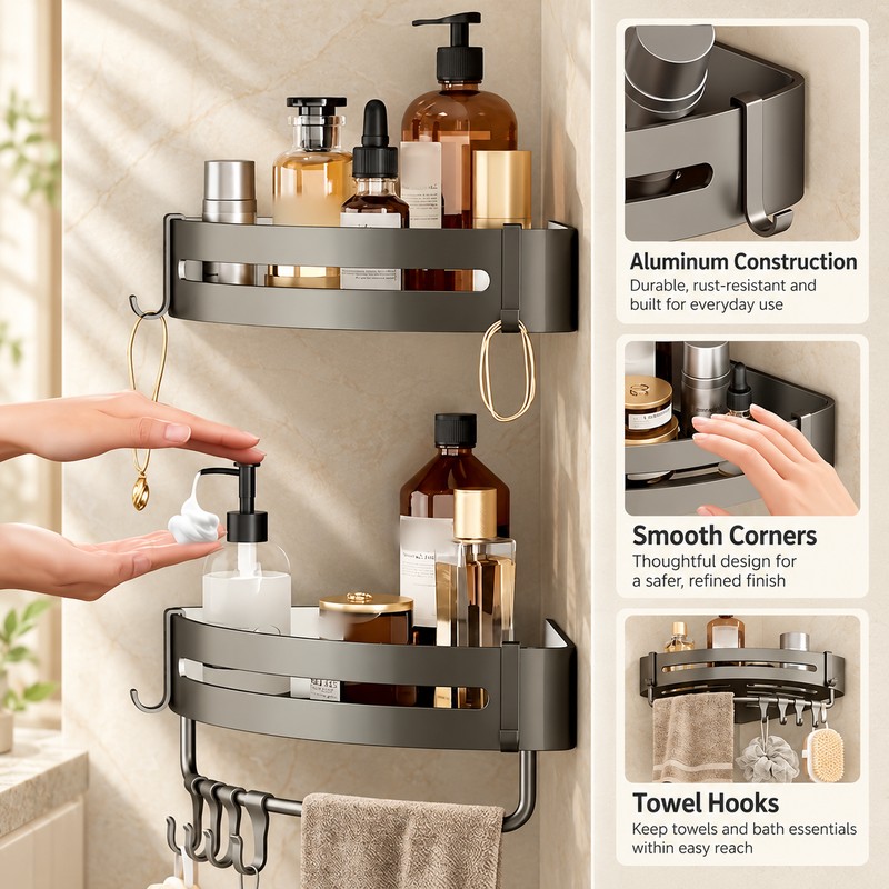 Aluminum Shower Caddy for Bathroom Storage – No-Drill Wall-Mounted Organizer