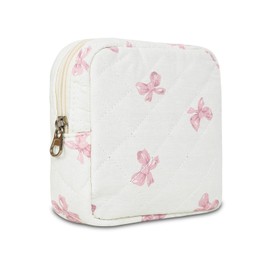 AMZMA Small Floral Quilted Makeup Bag, Coquette Aesthetic Travel Toiletry Organizer for Women, Lightweight Cotton Cosmetic Pouch