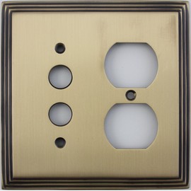 Deco Step Style Antique Brass 2 Gang Switch Plate - 1 Push Button Light Switch Opening One Duplex Outlet Opening
