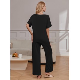 Ekouaer Pajama Sets for Women 2 Piece Lounge Set Short Sleeve Tops and Long Pants Soft Pjs Sleepwear Tracksuit,Black,XL