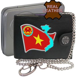 Klassek Vietnam Flag Vietnamese Map and Coat of Arms COA Mens Wallet with Chain Real Leather RFID Blocking with Coin Pocket and Metal Gift Box