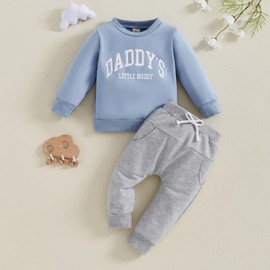 Baby Boy Fall Clothes Set 2 Piece Newborn Daddy Letter Print Long Sleeve Round Neck Sweatshirt Tops Solid Color Pants Set for Winter Spring (Blue, 2-3T)