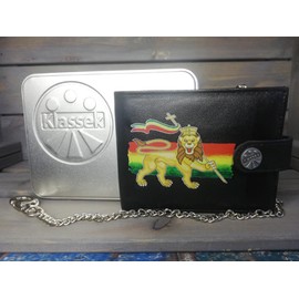 Lion of Judah Rastafari Jewish KLASSEK Mens Wallet with Chain Real Leather RFID Blocking with Coin Pocket and Metal Gift Box
