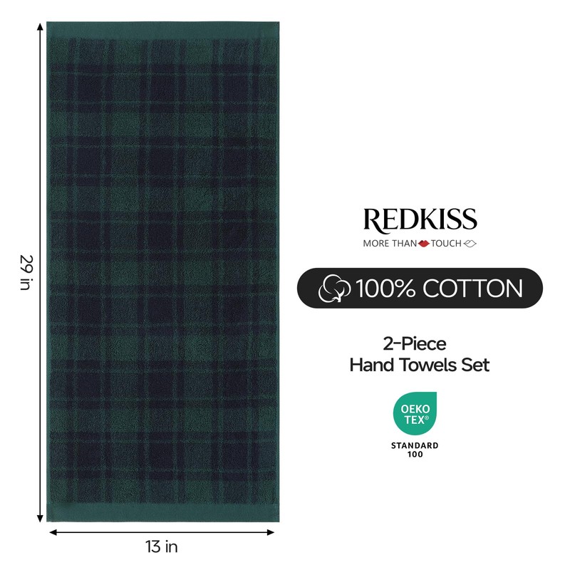 REDKISS 100% Cotton Hand Towels for Bathroom, Green Checkered Towel,