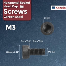 Kozelo 100pcs Socket Head Cap Screws - [M3-0.5 x 6mm] Alloy Steel Black Oxide Grade 12.9 Internal Hex Screw for 3D Printer Furniture Industrial Use, Black